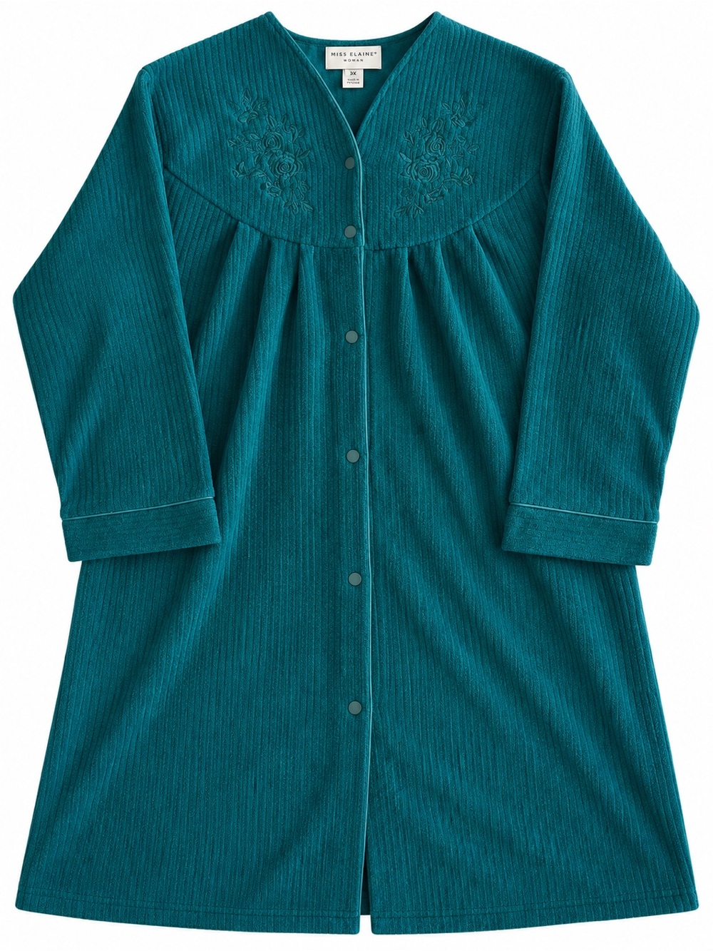 NEW Miss Elaine Women's 3X Green Embroidered Ribbed Long Robe Housecoat Cozy